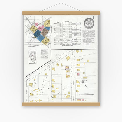 Old map wall art mockup — magnetic wood frame on white wall — Sanborn Fire Insurance Map from Morton, Tazewell County, Illinois (1926), Sheet #0001