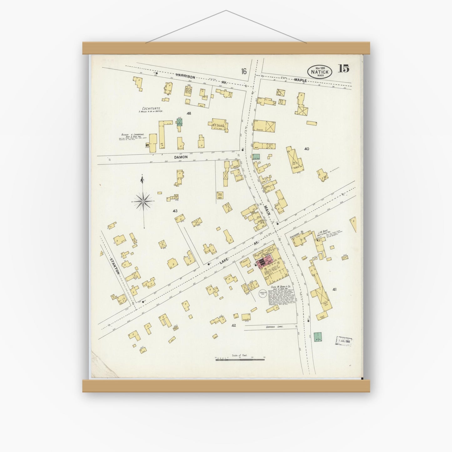 Old map wall art mockup — magnetic wood frame on white wall — Sanborn Fire Insurance Map from Natick, Middlesex County, Massachusetts (1899), Sheet #0015