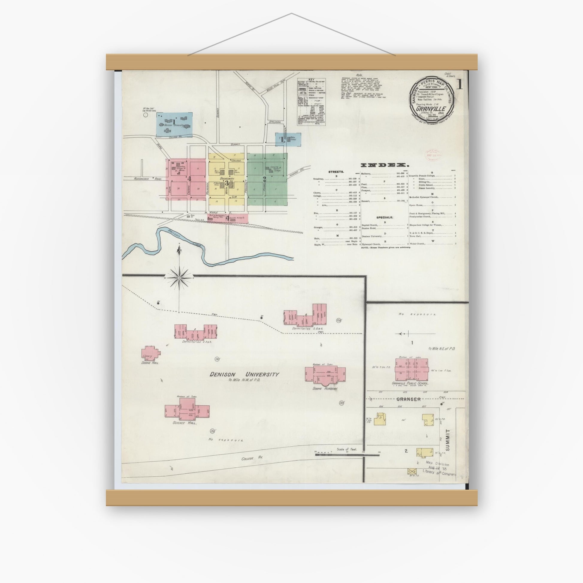 Old map wall art mockup — magnetic wood frame on white wall — Sanborn Fire Insurance Map from Granville, Licking County, Ohio (1896), Sheet #0001