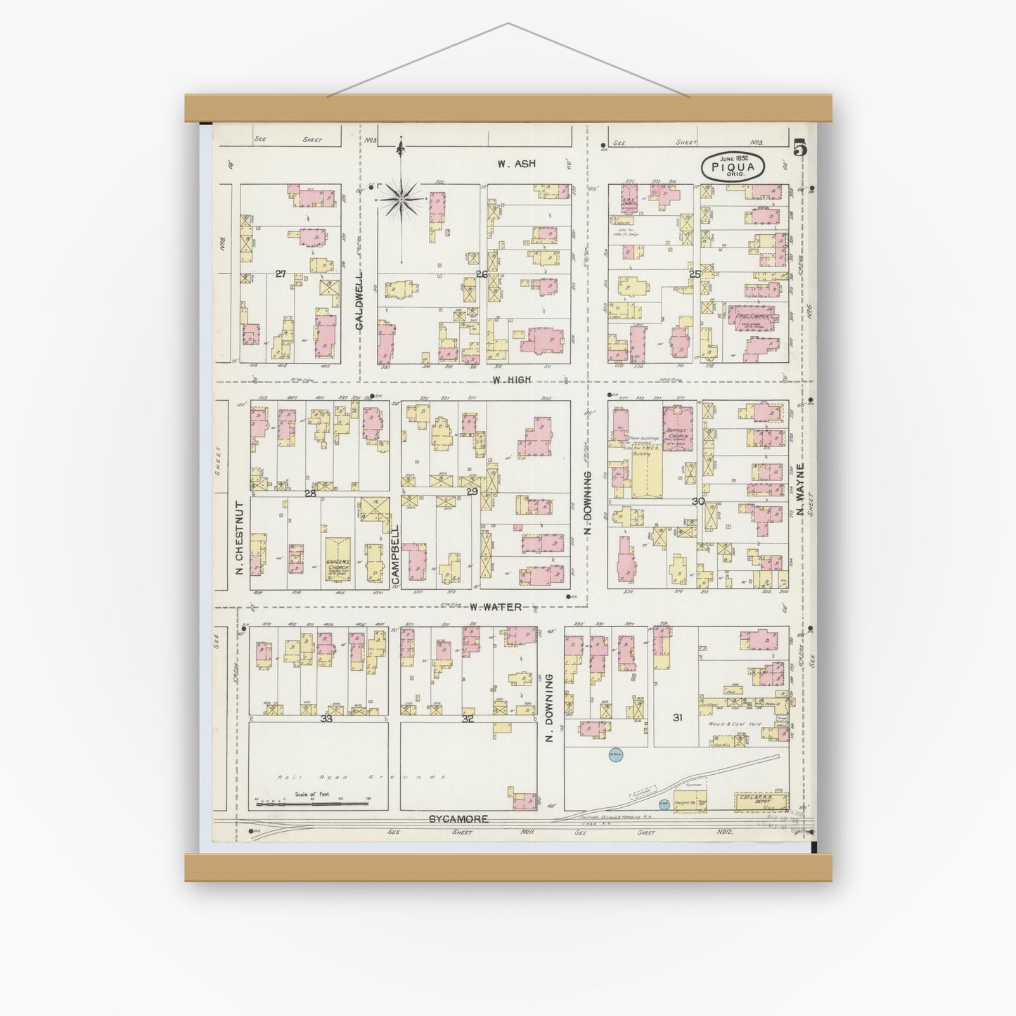 Old map wall art mockup — magnetic wood frame on white wall — Sanborn Fire Insurance Map from Piqua, Miami County, Ohio (1892), Sheet #0005