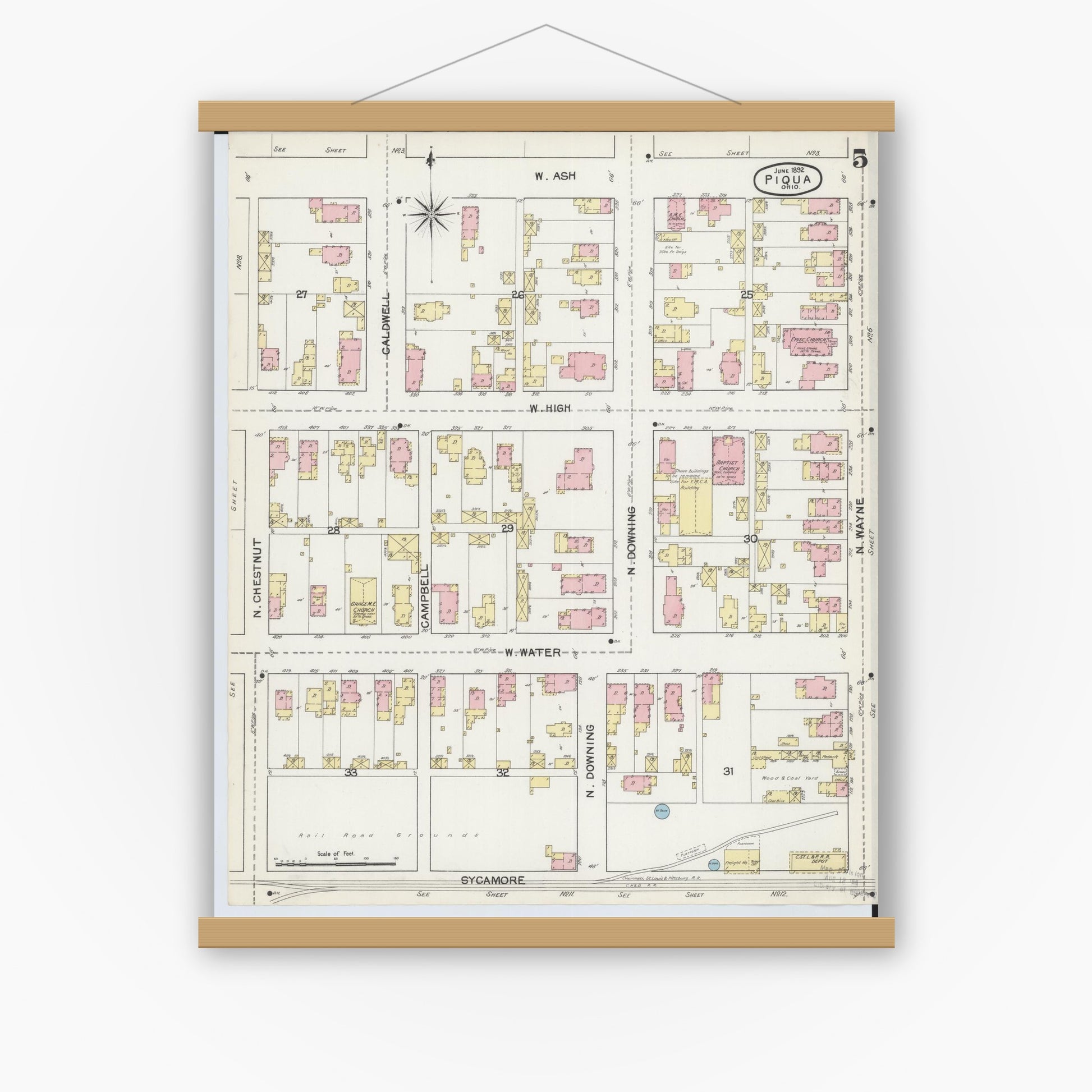Old map wall art mockup — magnetic wood frame on white wall — Sanborn Fire Insurance Map from Piqua, Miami County, Ohio (1892), Sheet #0005