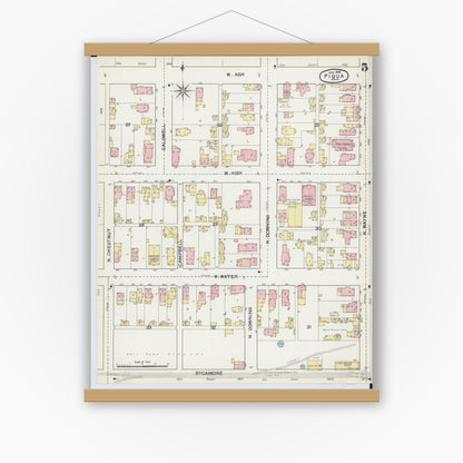 Old map wall art mockup — magnetic wood frame on white wall — Sanborn Fire Insurance Map from Piqua, Miami County, Ohio (1892), Sheet #0005
