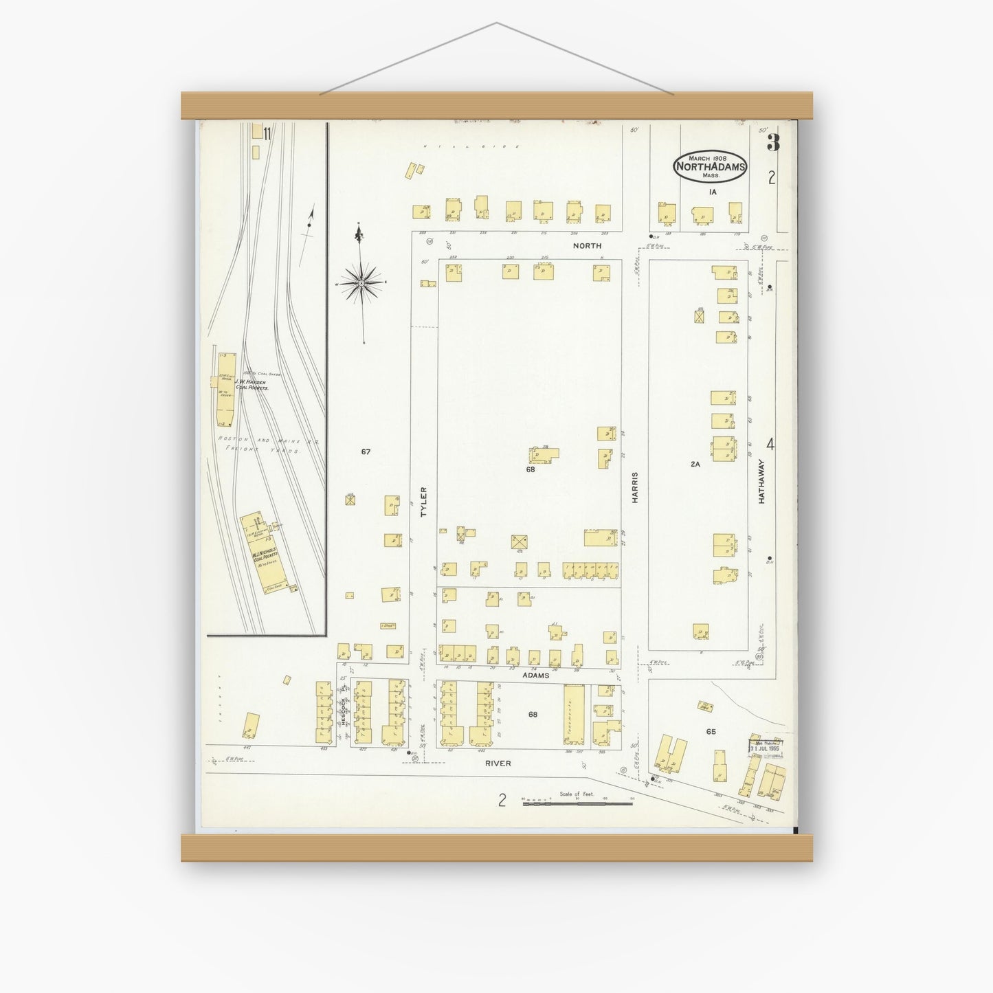 Old map wall art mockup — magnetic wood frame on white wall — Sanborn Fire Insurance Map from North Adams, Berkshire County, Massachusetts (1908), Sheet #0003