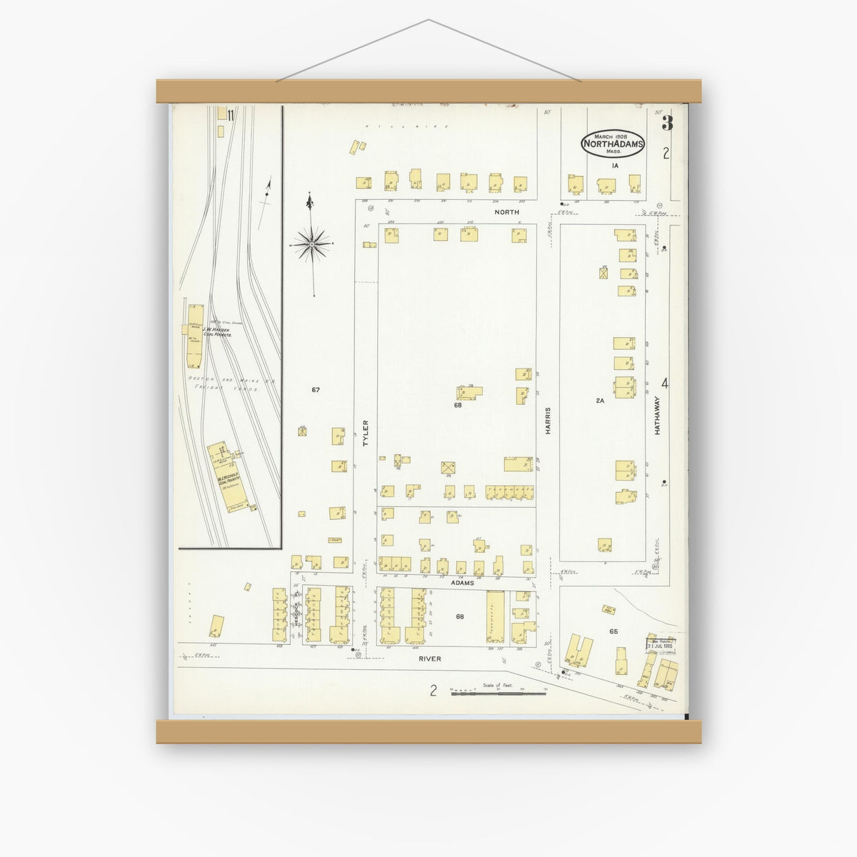 Old map wall art mockup — magnetic wood frame on white wall — Sanborn Fire Insurance Map from North Adams, Berkshire County, Massachusetts (1908), Sheet #0003