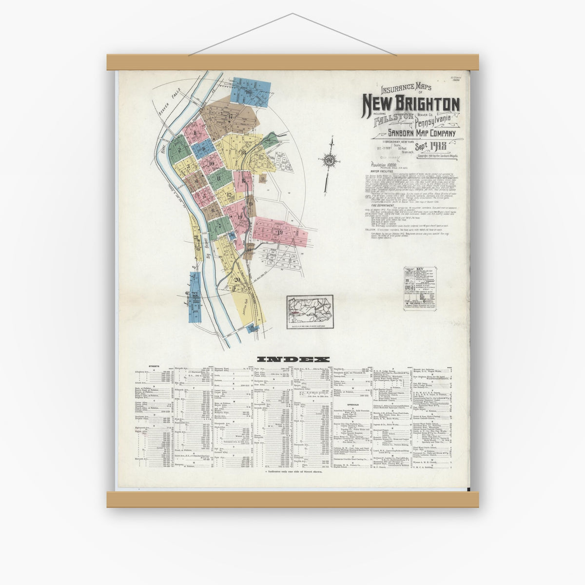 Old map wall art mockup — magnetic wood frame on white wall — Sanborn Fire Insurance Map from New Brighton, Beaver County, Pennsylvania (1918), Sheet #0001