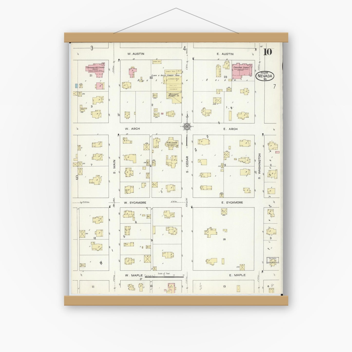 Old map wall art mockup — magnetic wood frame on white wall — Sanborn Fire Insurance Map from Nevada, Vernon County, Missouri (1914), Sheet #0010