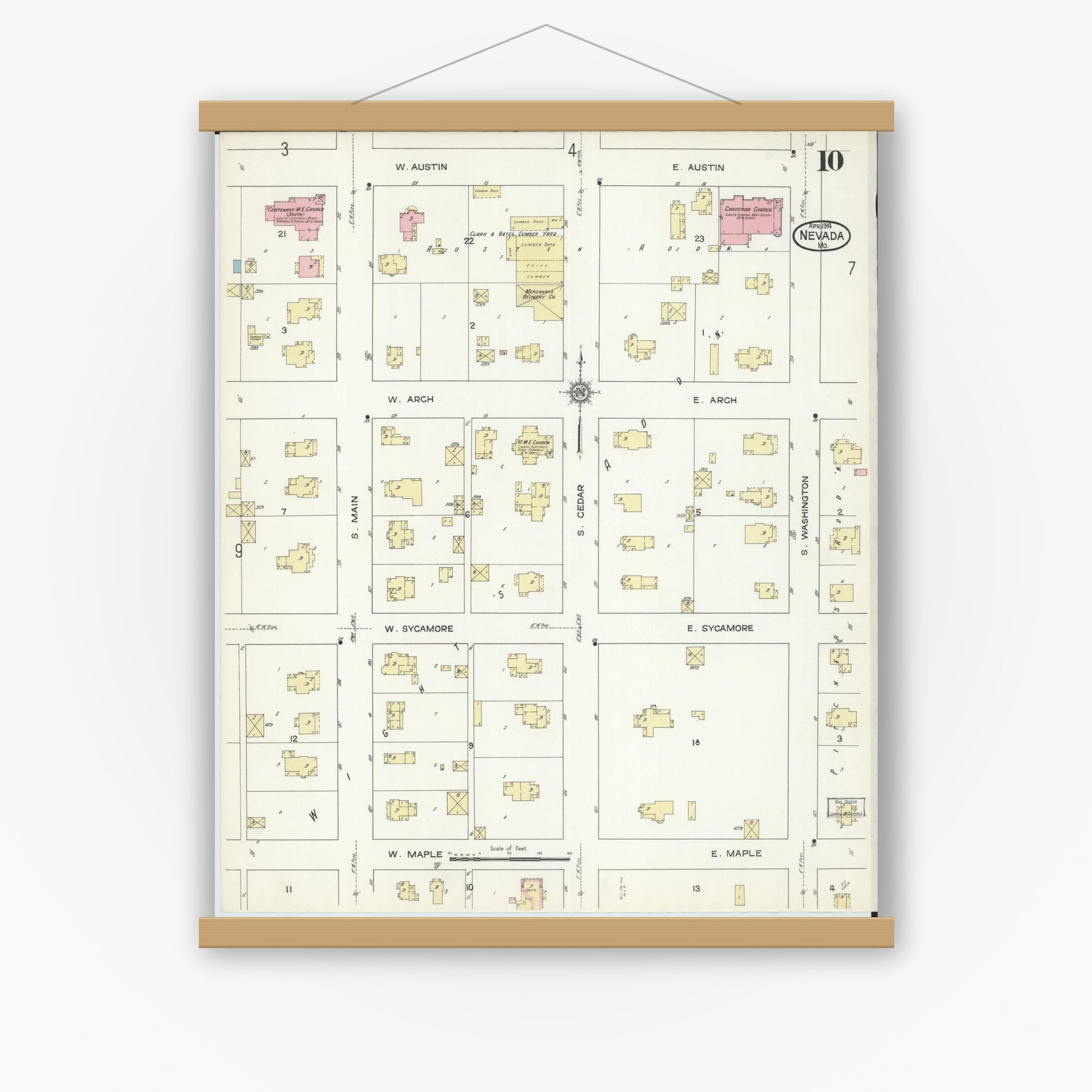 Old map wall art mockup — magnetic wood frame on white wall — Sanborn Fire Insurance Map from Nevada, Vernon County, Missouri (1914), Sheet #0010