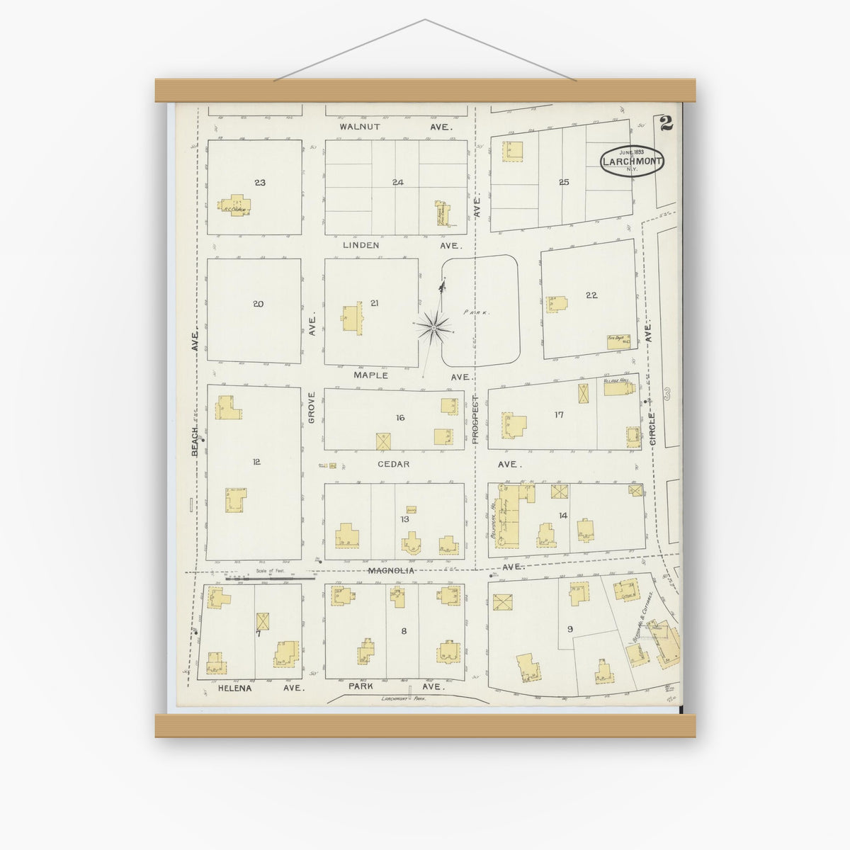 Old map wall art mockup — magnetic wood frame on white wall — Sanborn Fire Insurance Map from Larchmont, Westchester County, New York (1893), Sheet #0002