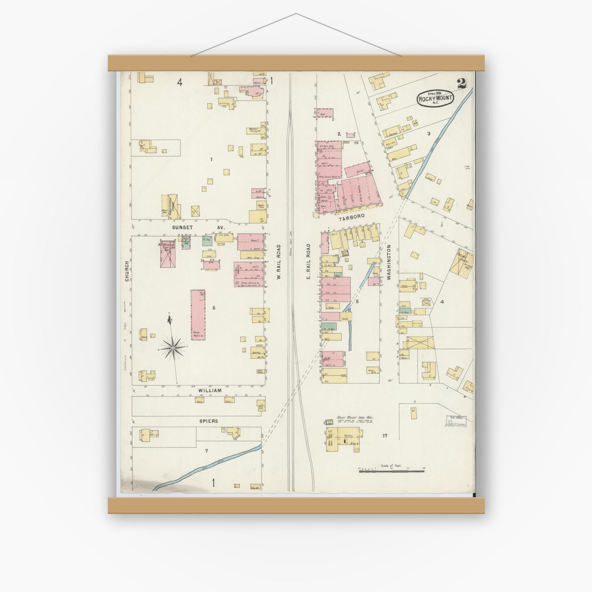Old map wall art mockup — magnetic wood frame on white wall — Sanborn Fire Insurance Map from Rocky Mount, Edgecombe And Nash Counties, North Carolina (1896), Sheet #0002