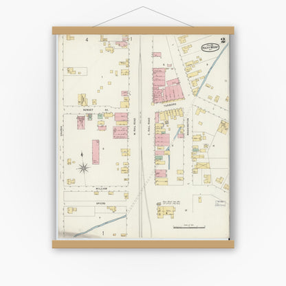 Old map wall art mockup — magnetic wood frame on white wall — Sanborn Fire Insurance Map from Rocky Mount, Edgecombe And Nash Counties, North Carolina (1896), Sheet #0002