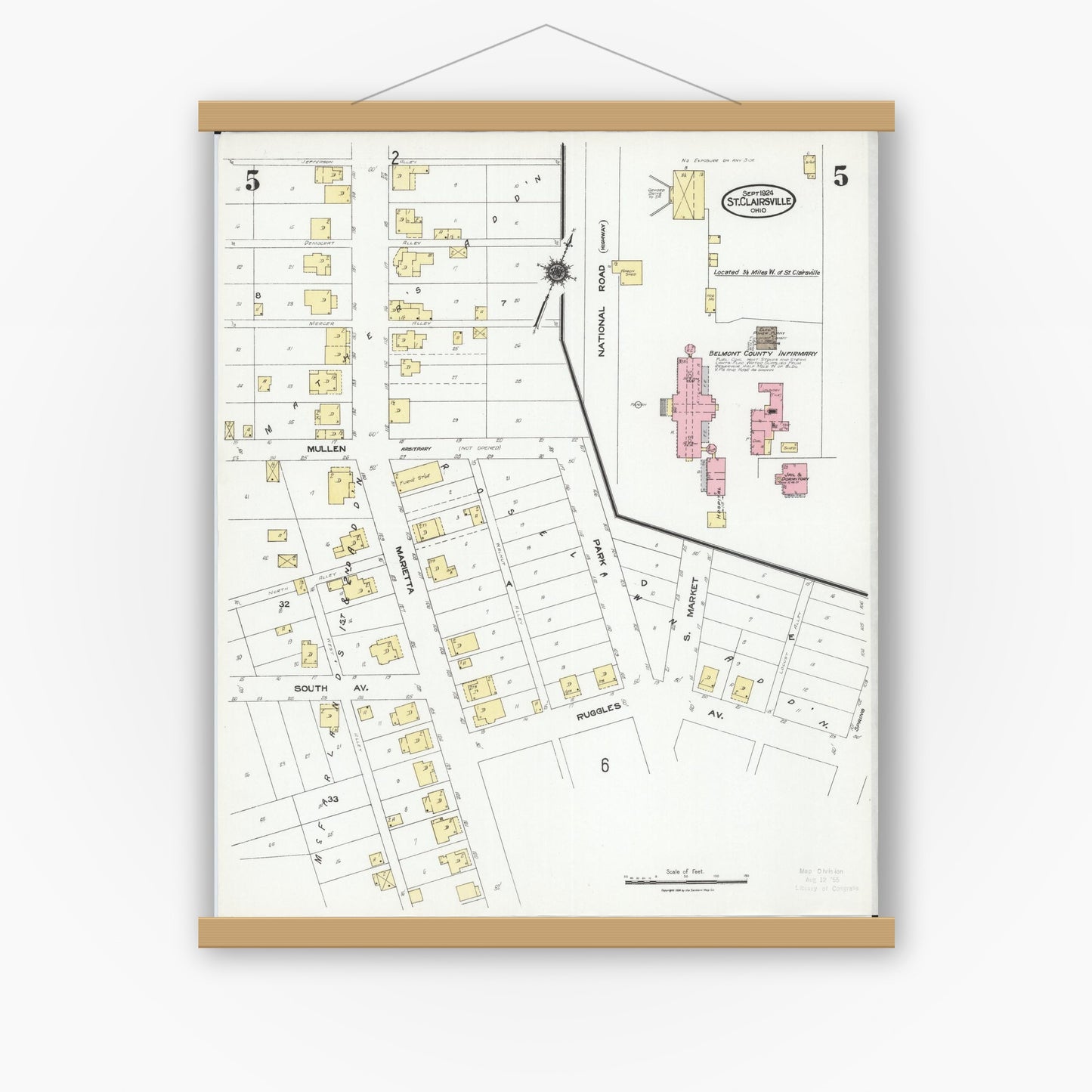 Old map wall art mockup — magnetic wood frame on white wall — Sanborn Fire Insurance Map from Saint Clairsville, Belmont County, Ohio (1924), Sheet #0005