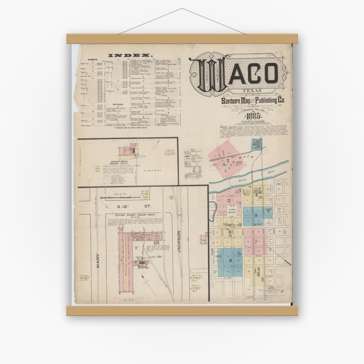Old map wall art mockup — magnetic wood frame on white wall — Sanborn Fire Insurance Map from Waco, McLennan County, Texas (1885) - Complete Map Set