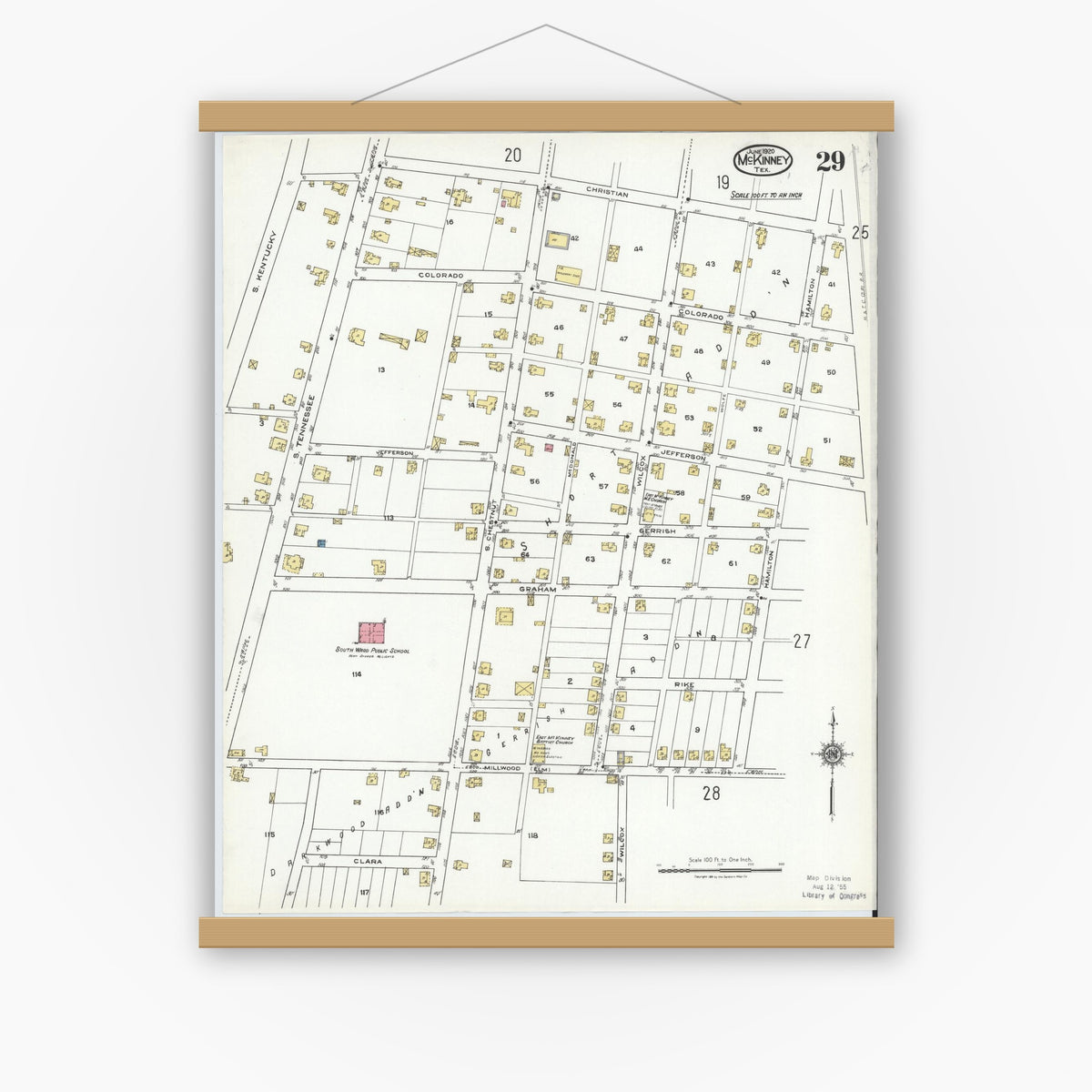 Old map wall art mockup — magnetic wood frame on white wall — Sanborn Fire Insurance Map from McKinney, Collin County, Texas (1920), Sheet #0029