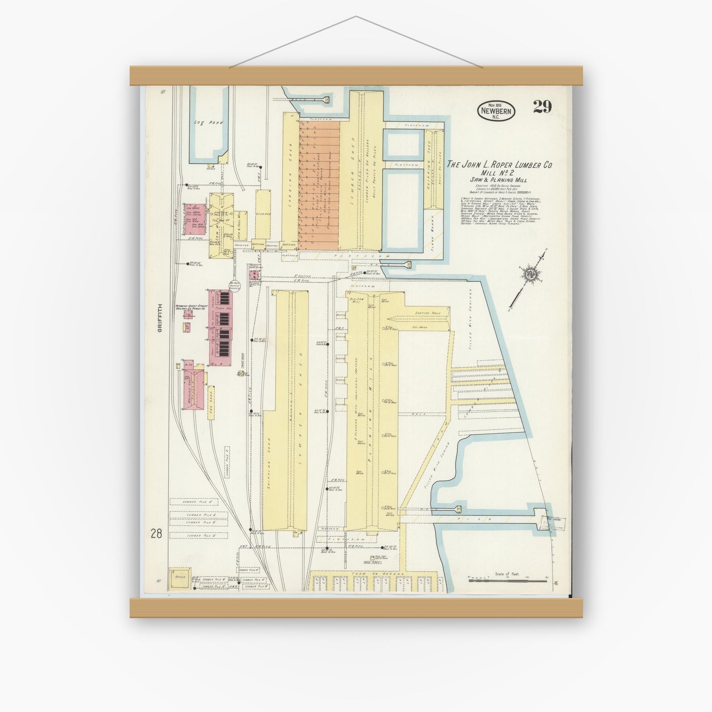 Old map wall art mockup — magnetic wood frame on white wall — Sanborn Fire Insurance Map from New Bern, Craven County, North Carolina (1913), Sheet #0029