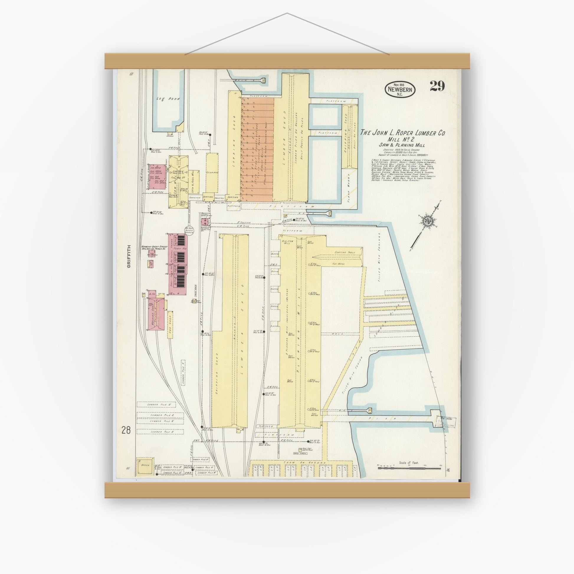 Old map wall art mockup — magnetic wood frame on white wall — Sanborn Fire Insurance Map from New Bern, Craven County, North Carolina (1913), Sheet #0029