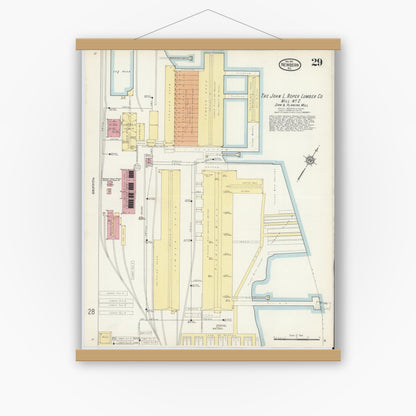 Old map wall art mockup — magnetic wood frame on white wall — Sanborn Fire Insurance Map from New Bern, Craven County, North Carolina (1913), Sheet #0029