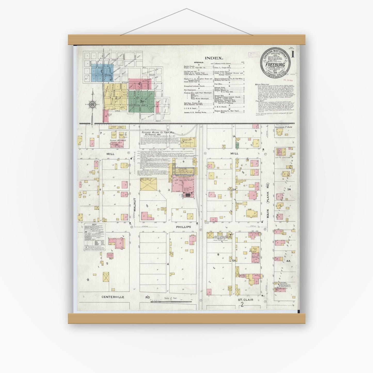 Old map wall art mockup — magnetic wood frame on white wall — Sanborn Fire Insurance Map from Freeburg, Saint Clair County, Illinois (1910) - Complete Map Set