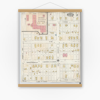 Old map wall art mockup — magnetic wood frame on white wall — Sanborn Fire Insurance Map from Montpelier, Blackford County, Indiana (1941), Sheet #0002