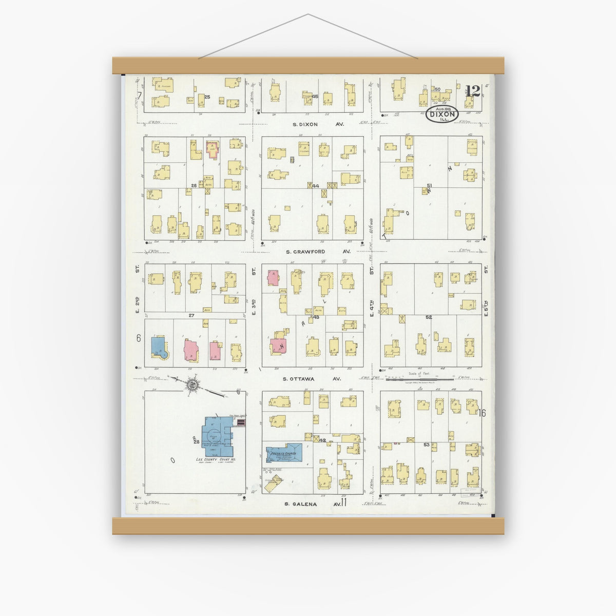 Old map wall art mockup — magnetic wood frame on white wall — Sanborn Fire Insurance Map from Dixon, Lee County, Illinois (1918), Sheet #0012