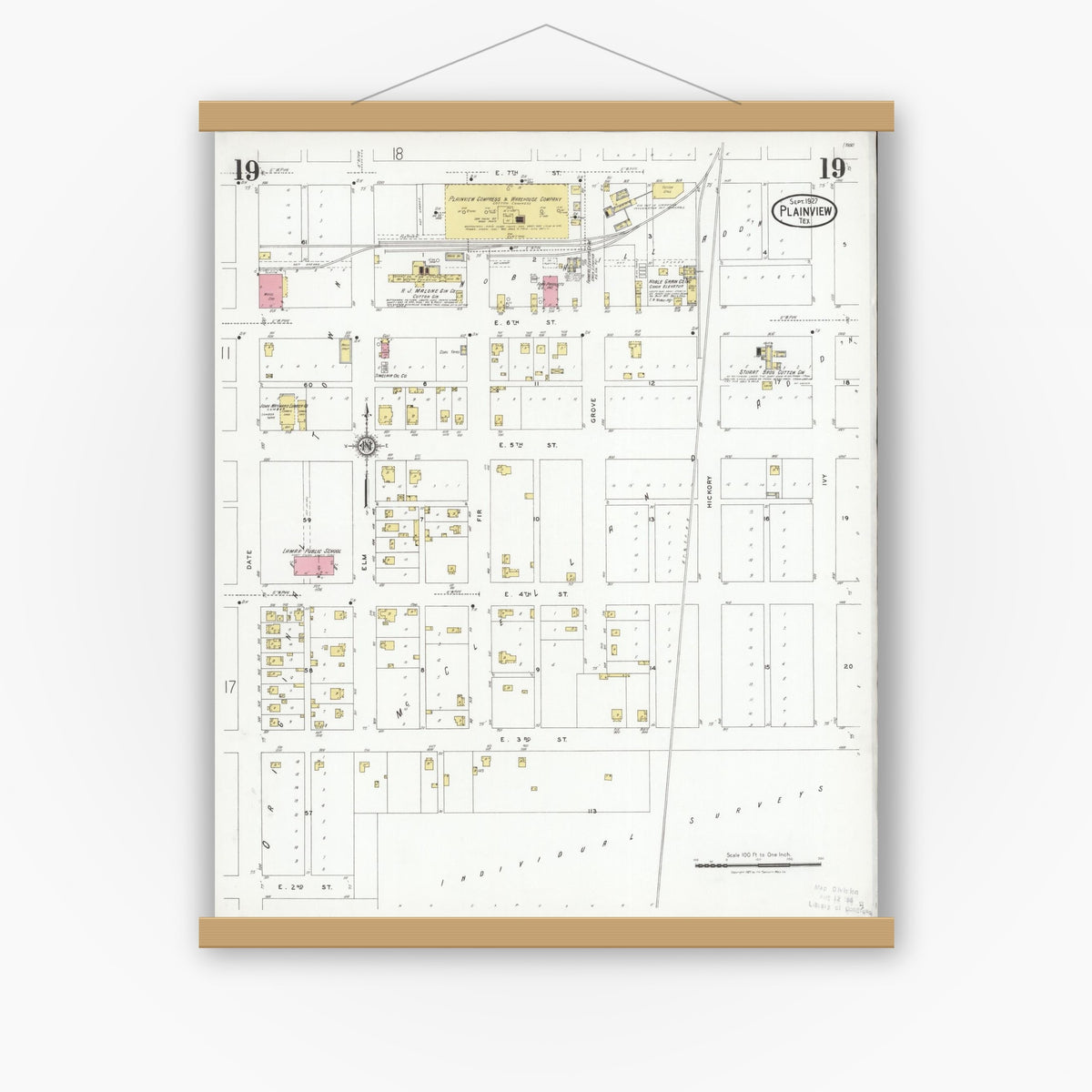 Old map wall art mockup — magnetic wood frame on white wall — Sanborn Fire Insurance Map from Plainview, Hale County, Texas (1927), Sheet #0019