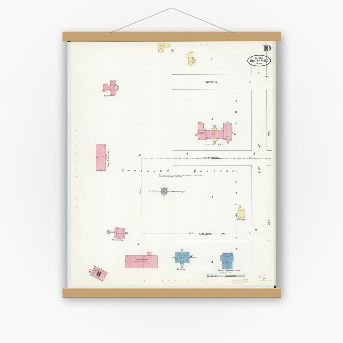 Old map wall art mockup — magnetic wood frame on white wall — Sanborn Fire Insurance Map from Northfield, Rice County, Minnesota (1910), Sheet #0010
