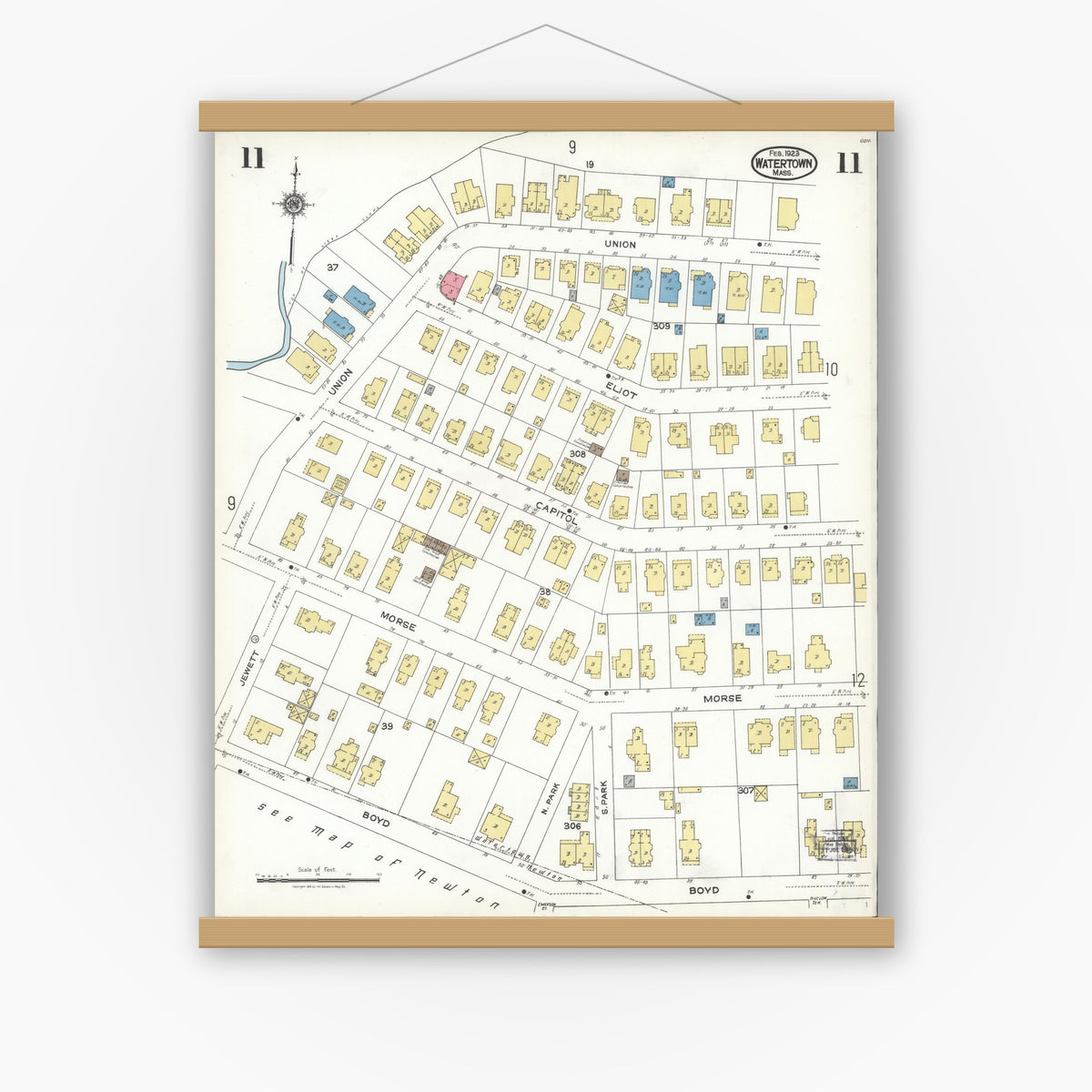 Old map wall art mockup — magnetic wood frame on white wall — Sanborn Fire Insurance Map from Watertown, Middlesex County, Massachusetts (1923), Sheet #0011