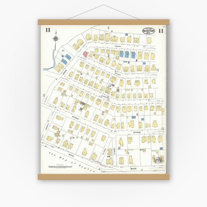 Old map wall art mockup — magnetic wood frame on white wall — Sanborn Fire Insurance Map from Watertown, Middlesex County, Massachusetts (1923), Sheet #0011