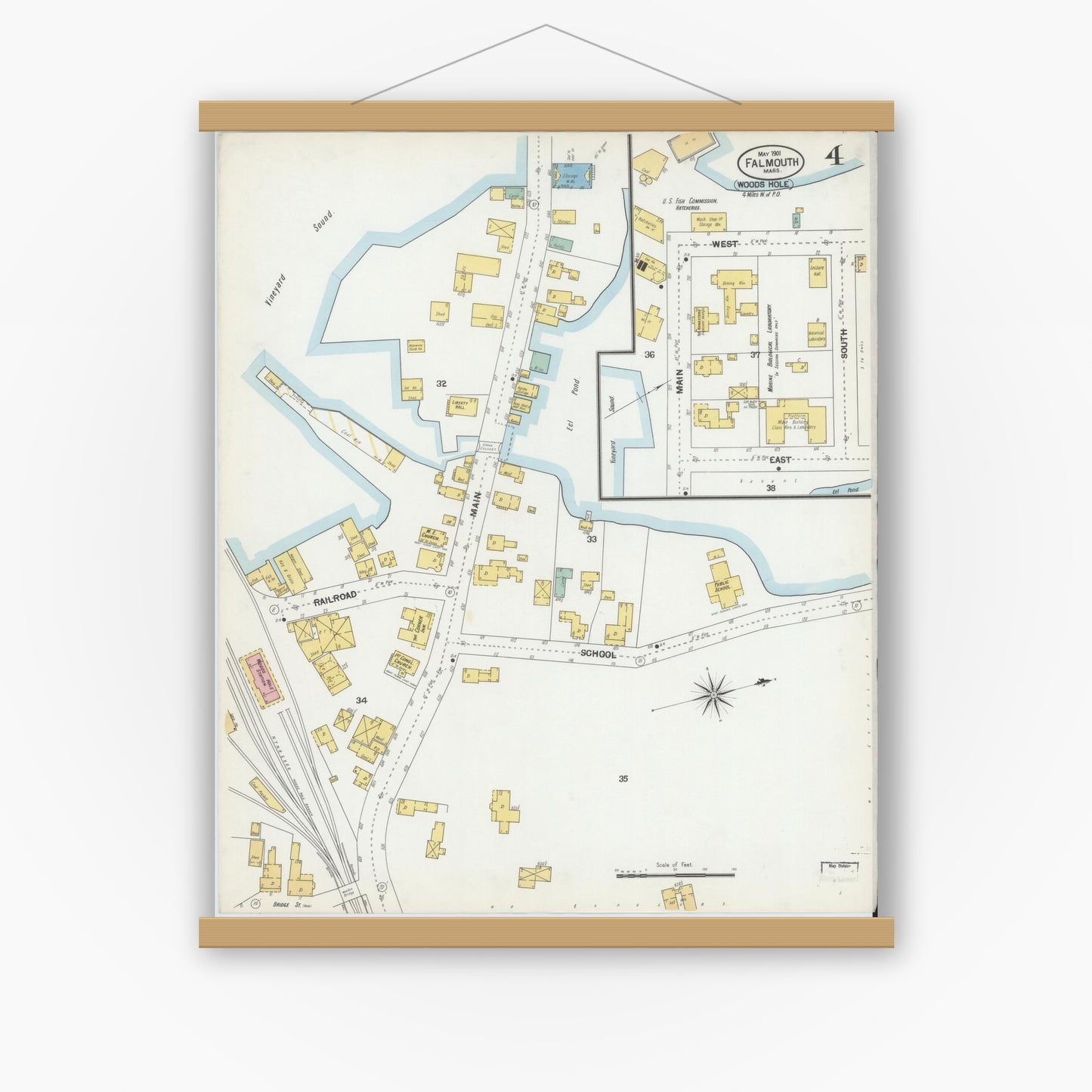 Old map wall art mockup — magnetic wood frame on white wall — Sanborn Fire Insurance Map from Falmouth, Barnstable County, Massachusetts (1901), Sheet #0004
