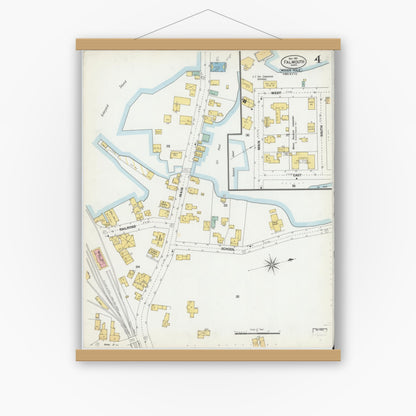 Old map wall art mockup — magnetic wood frame on white wall — Sanborn Fire Insurance Map from Falmouth, Barnstable County, Massachusetts (1901), Sheet #0004