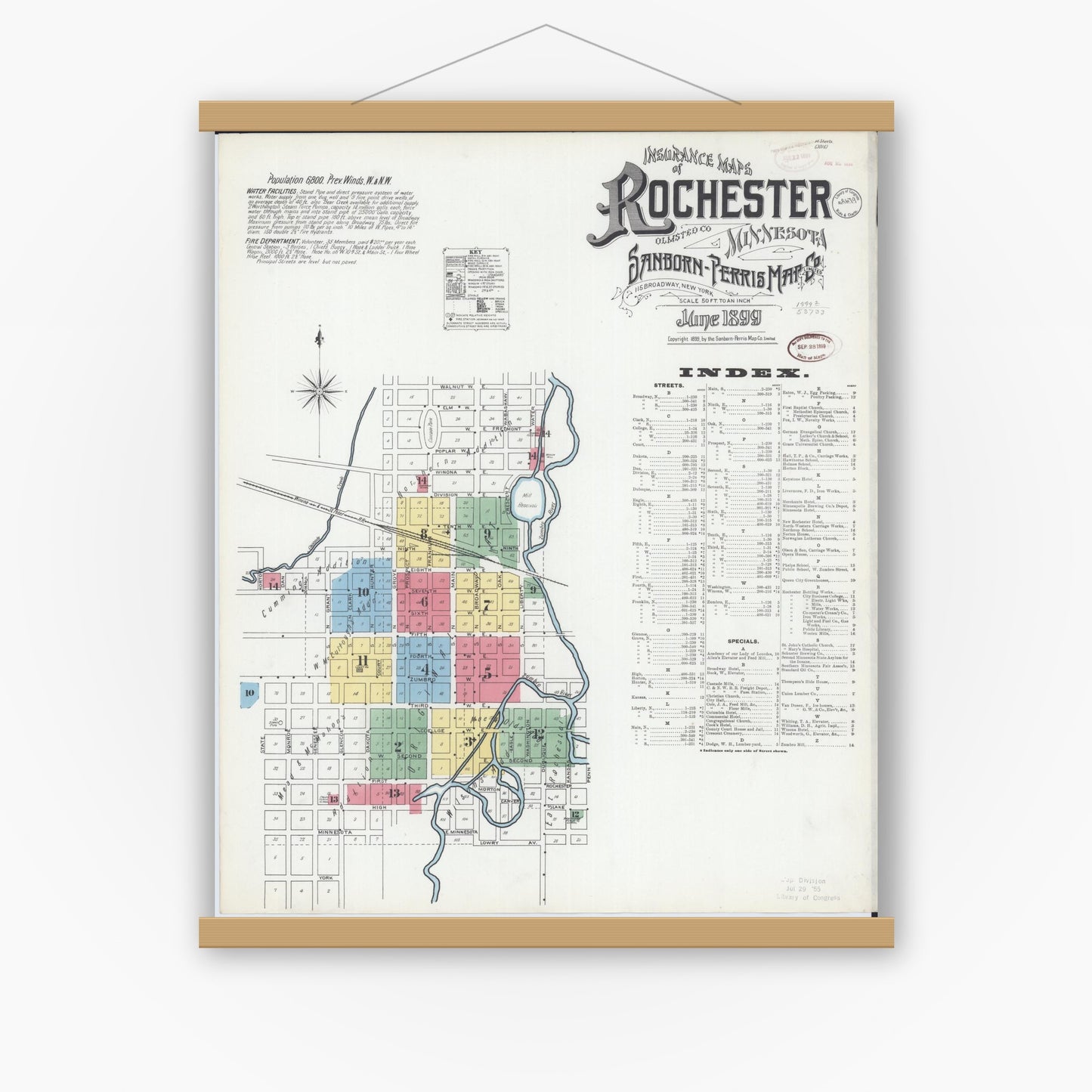 Old map wall art mockup — magnetic wood frame on white wall — Sanborn Fire Insurance Map from Rochester, Olmsted County, Minnesota (1899) - Complete Map Set
