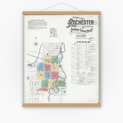 Old map wall art mockup — magnetic wood frame on white wall — Sanborn Fire Insurance Map from Rochester, Olmsted County, Minnesota (1899) - Complete Map Set