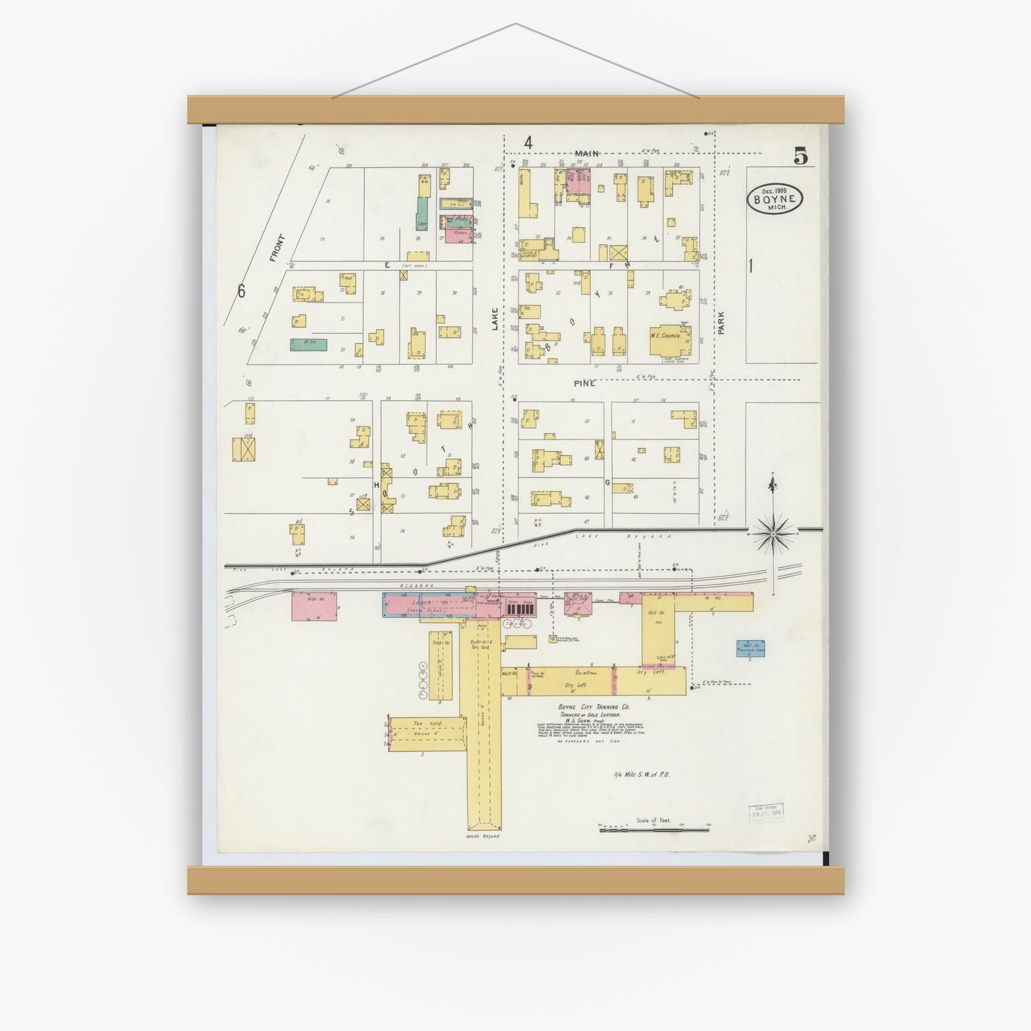 Old map wall art mockup — magnetic wood frame on white wall — Sanborn Fire Insurance Map from Boyne City, Charlevoix County, Michigan (1905), Sheet #0005