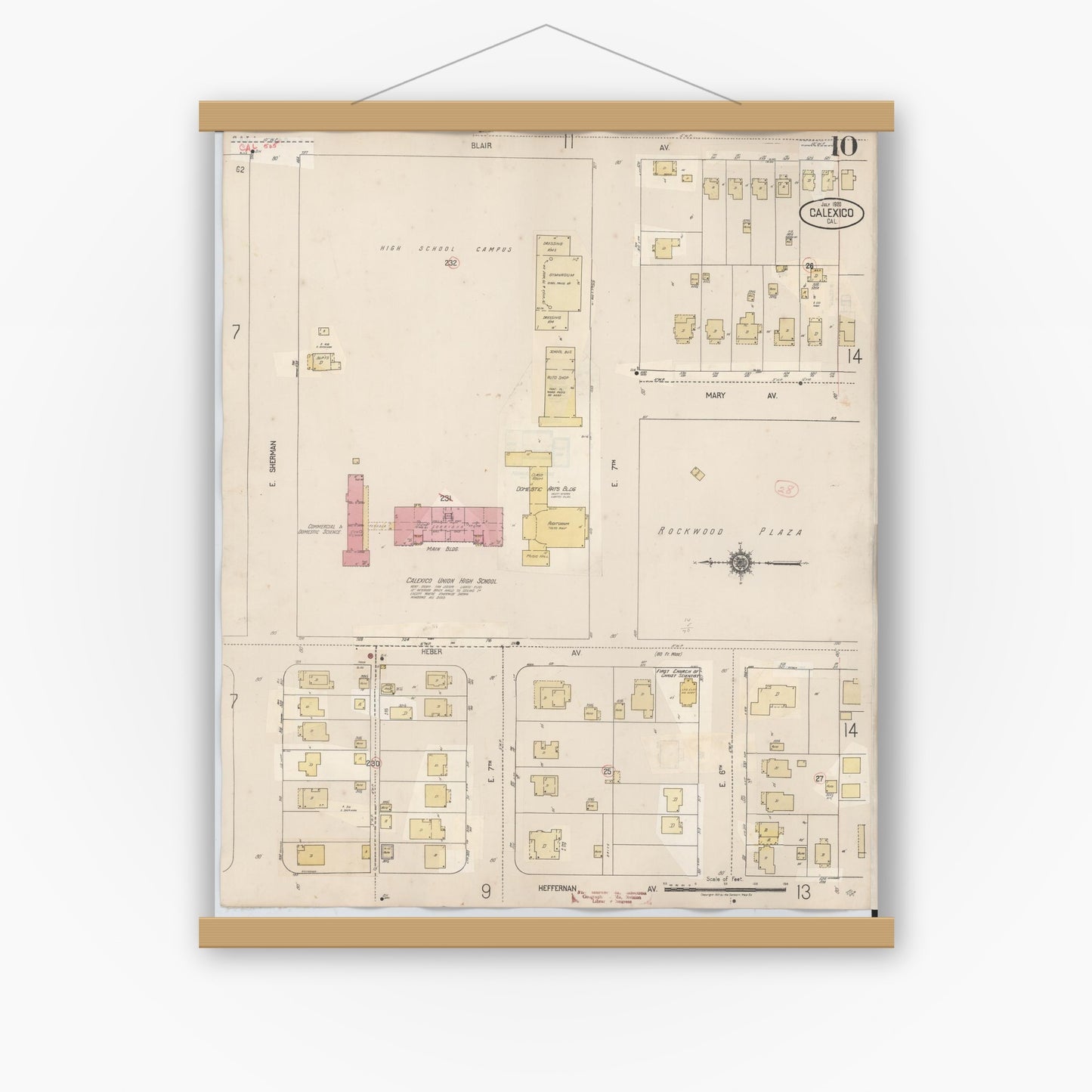 Old map wall art mockup — magnetic wood frame on white wall — Sanborn Fire Insurance Map from Calexico, Imperial County, California (1949), Sheet #0010