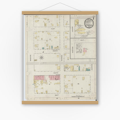 Old map wall art mockup — magnetic wood frame on white wall — Sanborn Fire Insurance Map from Cerro Gordo, Piatt County, Illinois (1893), Sheet #0001