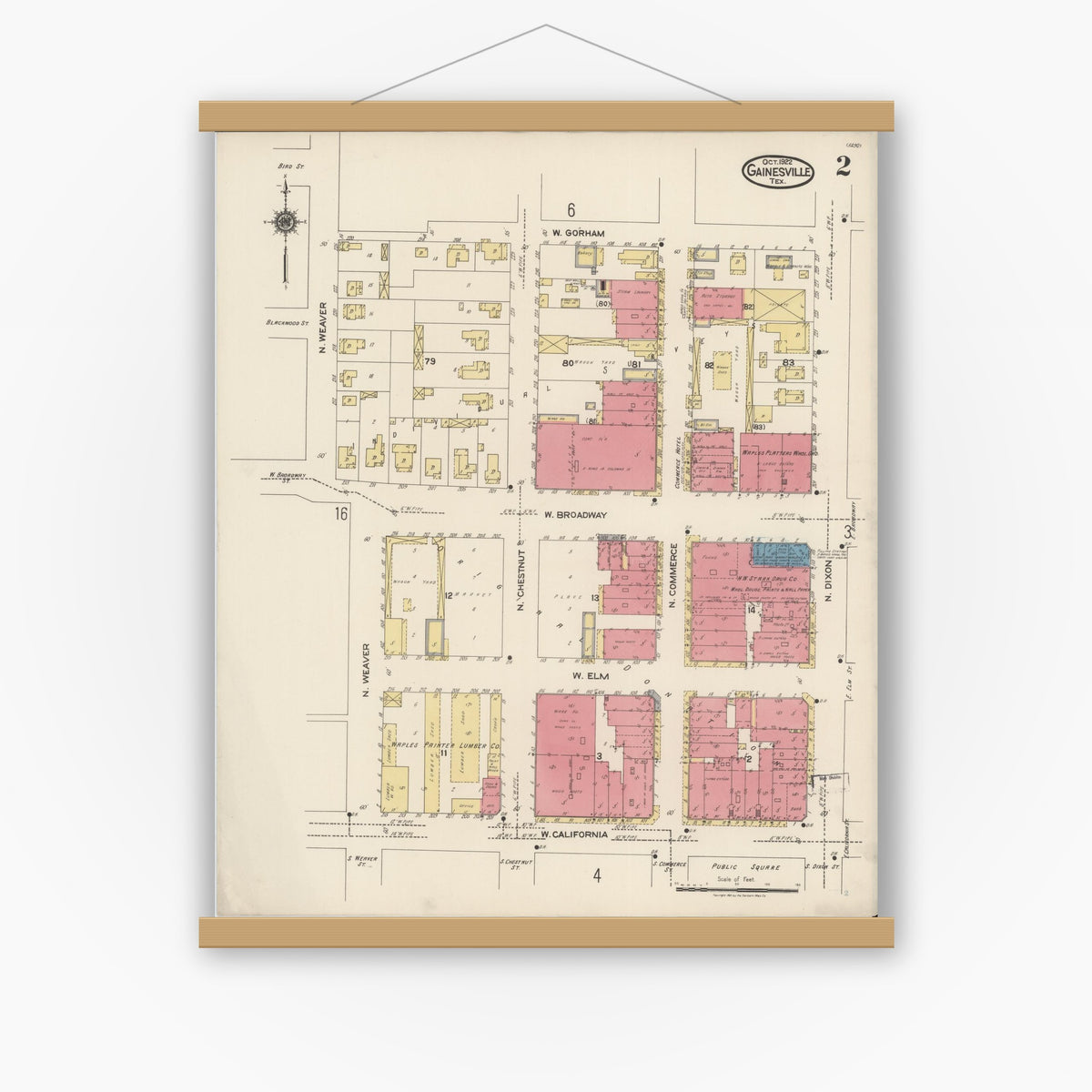Old map wall art mockup — magnetic wood frame on white wall — Sanborn Fire Insurance Map from Gainesville, Cooke County, Texas (1922), Sheet #0002