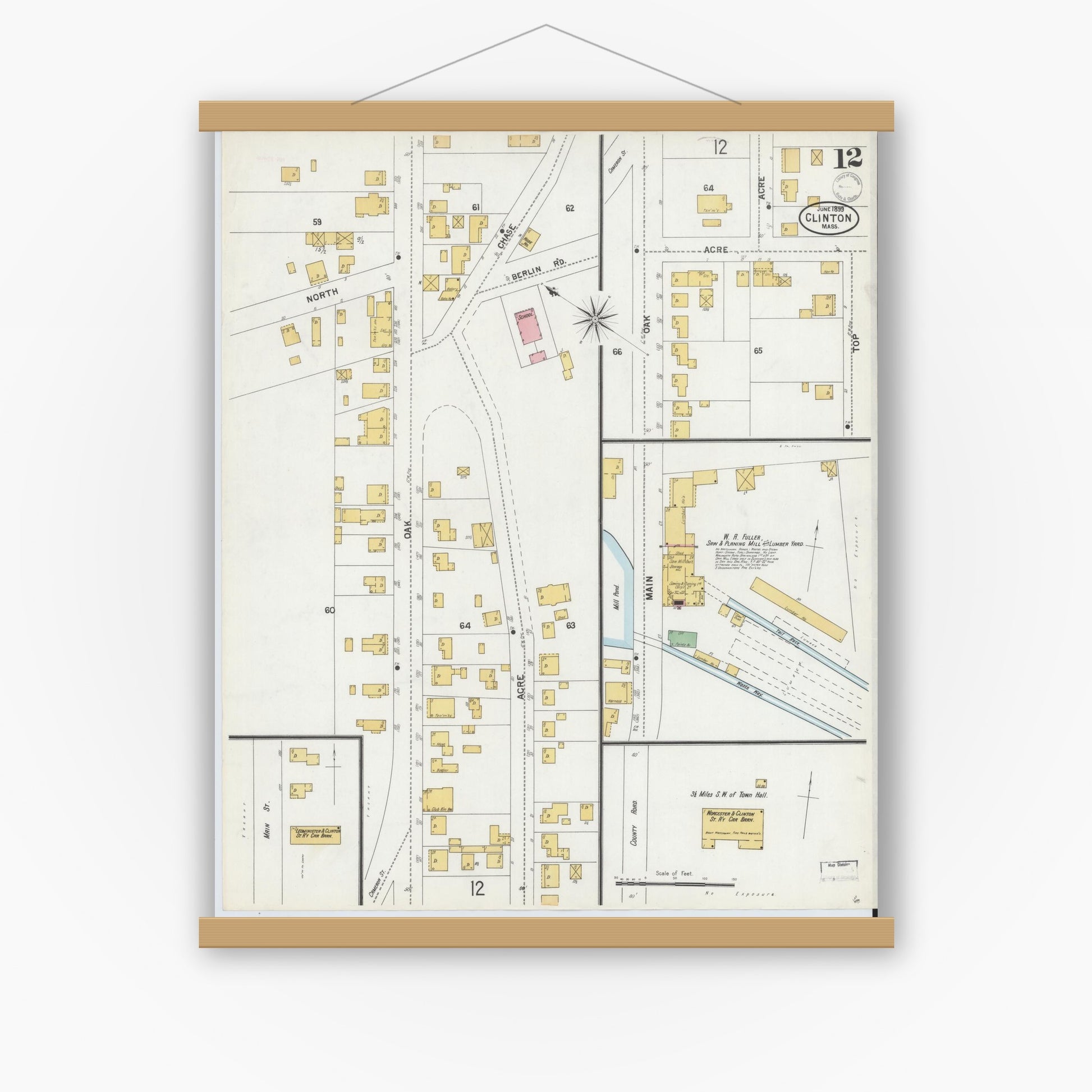 Old map wall art mockup — magnetic wood frame on white wall — Sanborn Fire Insurance Map from Clinton, Worcester County, Massachusetts (1899), Sheet #0012