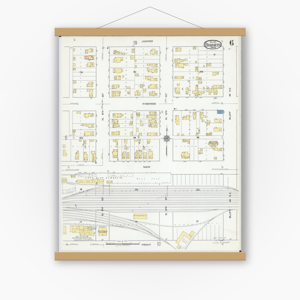 Old map wall art mockup — magnetic wood frame on white wall — Sanborn Fire Insurance Map from Brainerd, Crow Wing County, Minnesota (1917), Sheet #0006