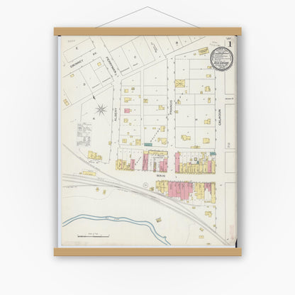 Old map wall art mockup — magnetic wood frame on white wall — Sanborn Fire Insurance Map from Ash Grove, Greene County, Missouri (1893) - Complete Map Set