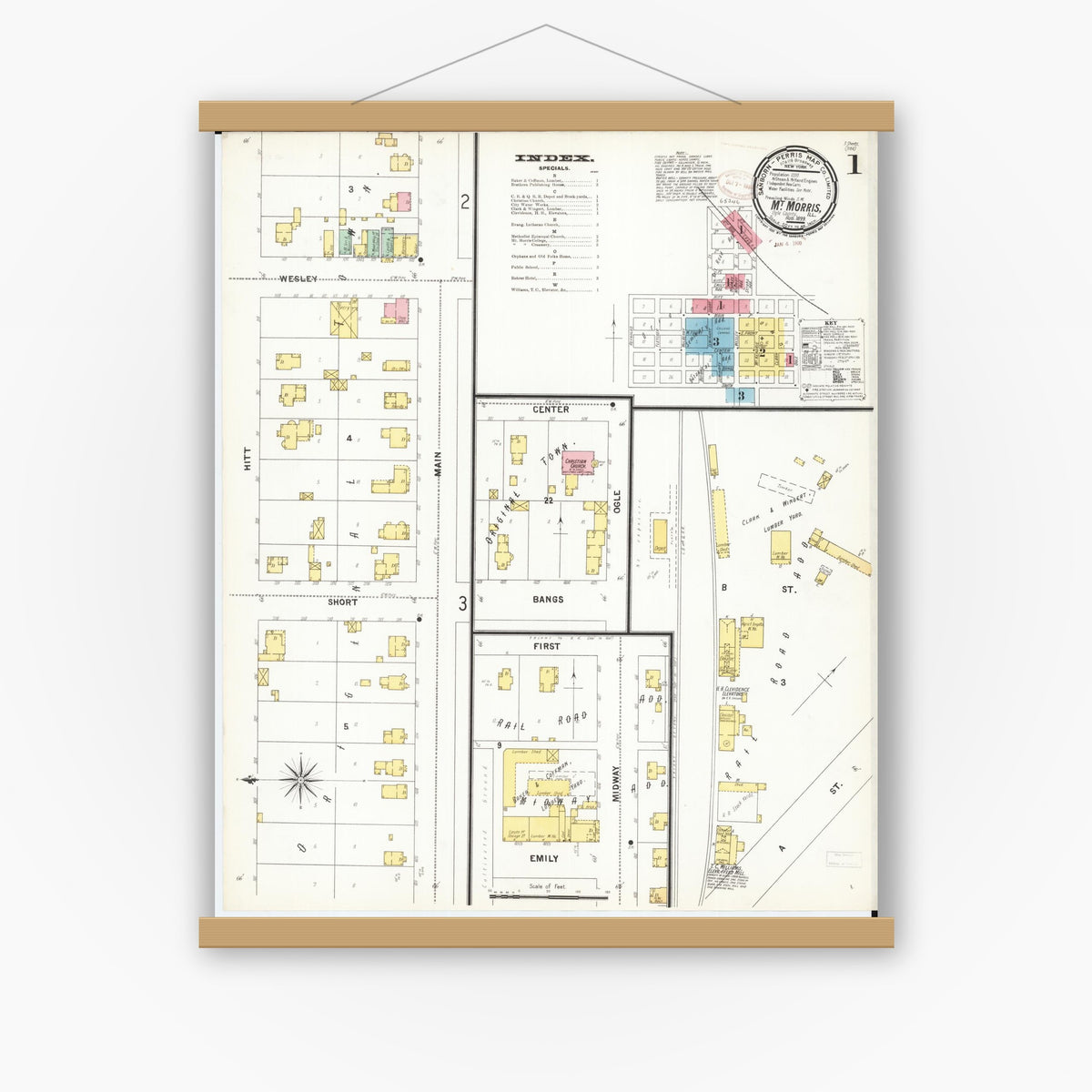 Old map wall art mockup — magnetic wood frame on white wall — Sanborn Fire Insurance Map from Mount Morris, Ogle County, Illinois (1899) - Complete Map Set
