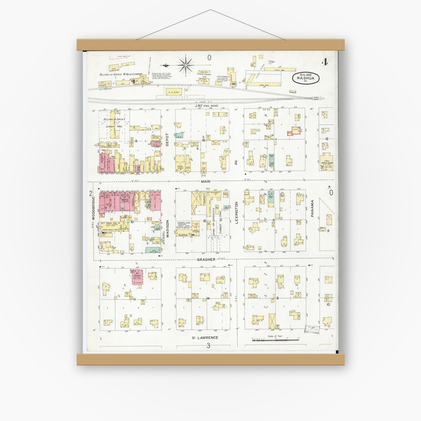 Old map wall art mockup — magnetic wood frame on white wall — Sanborn Fire Insurance Map from Nashua, Chickasaw County, Iowa (1900), Sheet #0004