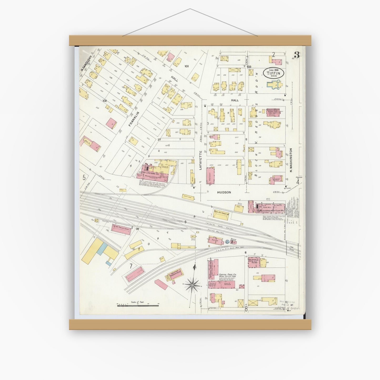 Old map wall art mockup — magnetic wood frame on white wall — Sanborn Fire Insurance Map from Tiffin, Seneca County, Ohio (1908), Sheet #0003