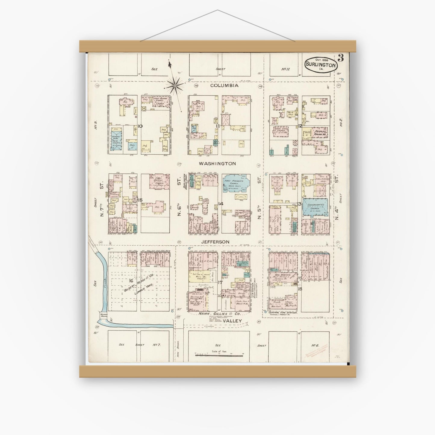 Old map wall art mockup — magnetic wood frame on white wall — Sanborn Fire Insurance Map from Burlington, Des Moines County, Iowa (1888), Sheet #0003