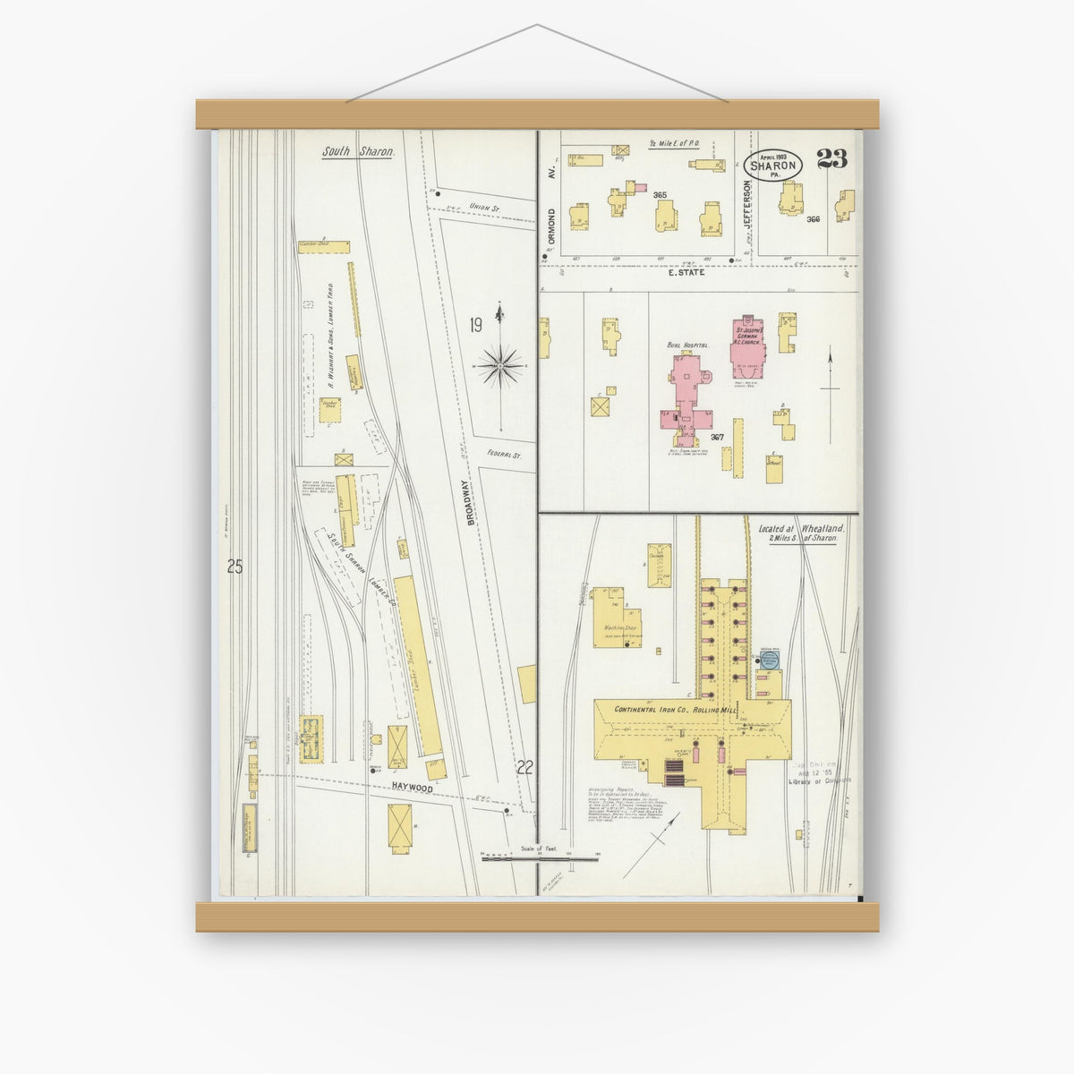 Old map wall art mockup — magnetic wood frame on white wall — Sanborn Fire Insurance Map from Sharon, Mercer County, Pennsylvania (1903), Sheet #0023