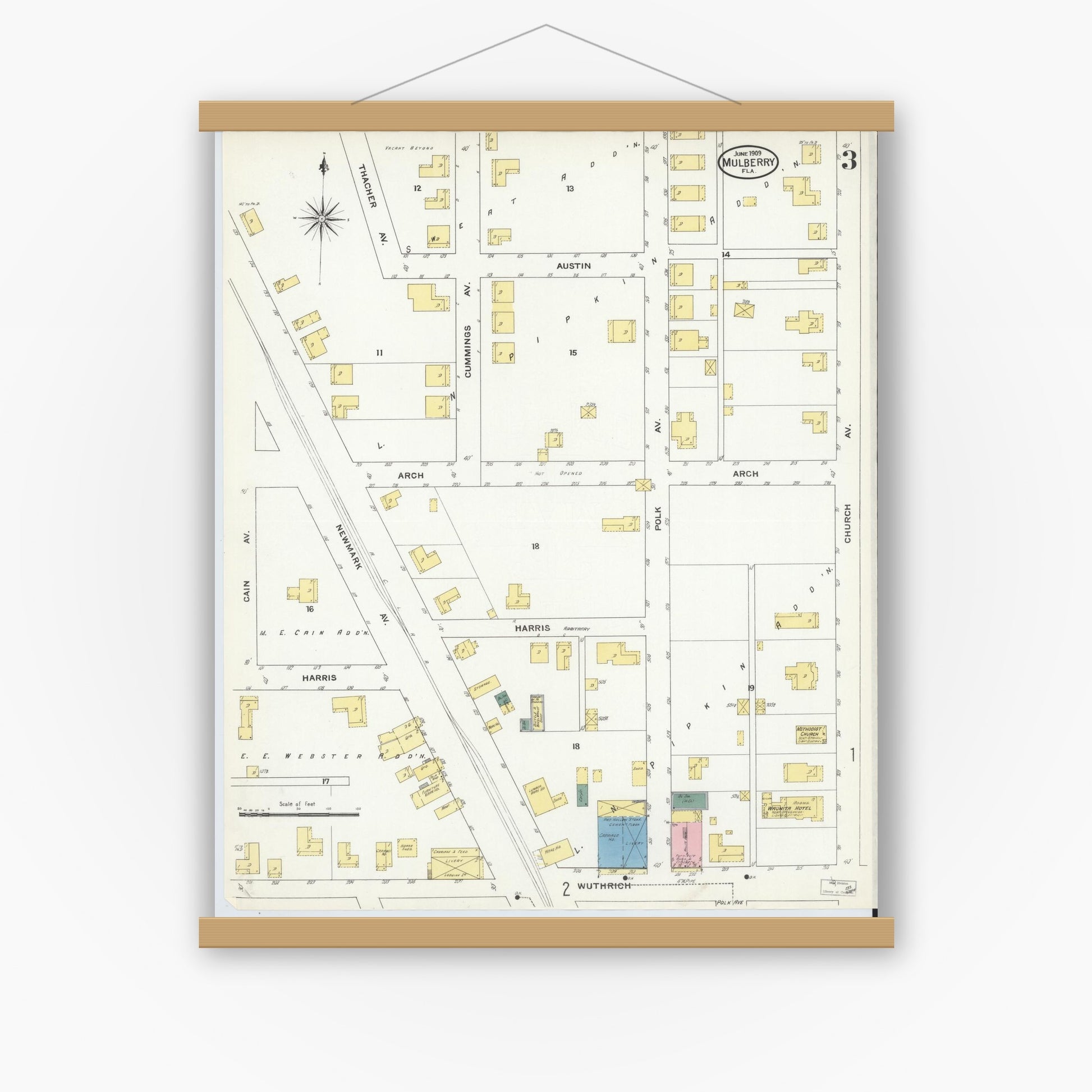 Old map wall art mockup — magnetic wood frame on white wall — Sanborn Fire Insurance Map from Mulberry, Polk County, Florida (1909), Sheet #0003