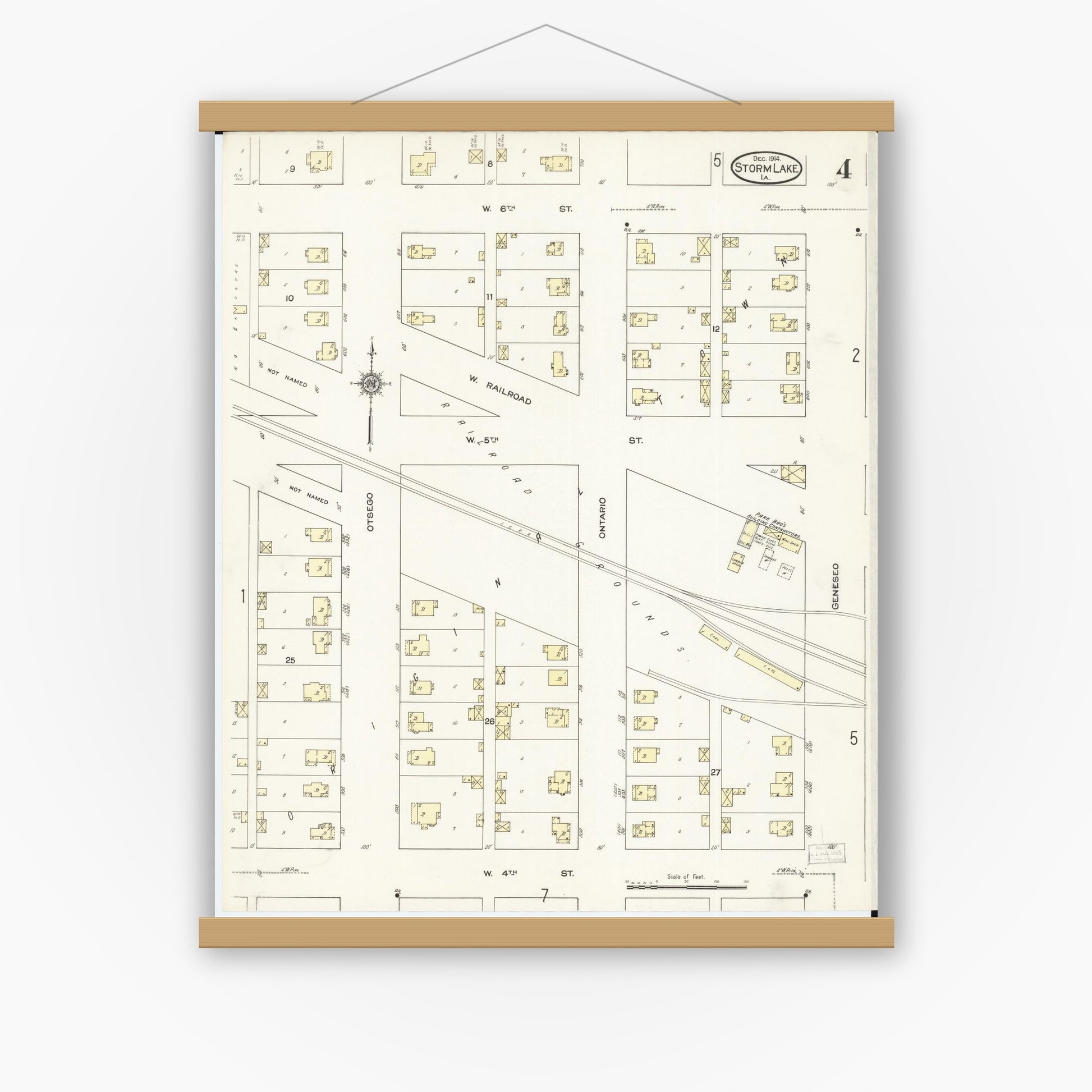 Old map wall art mockup — magnetic wood frame on white wall — Sanborn Fire Insurance Map from Storm Lake, Buena Vista County, Iowa (1914), Sheet #0004