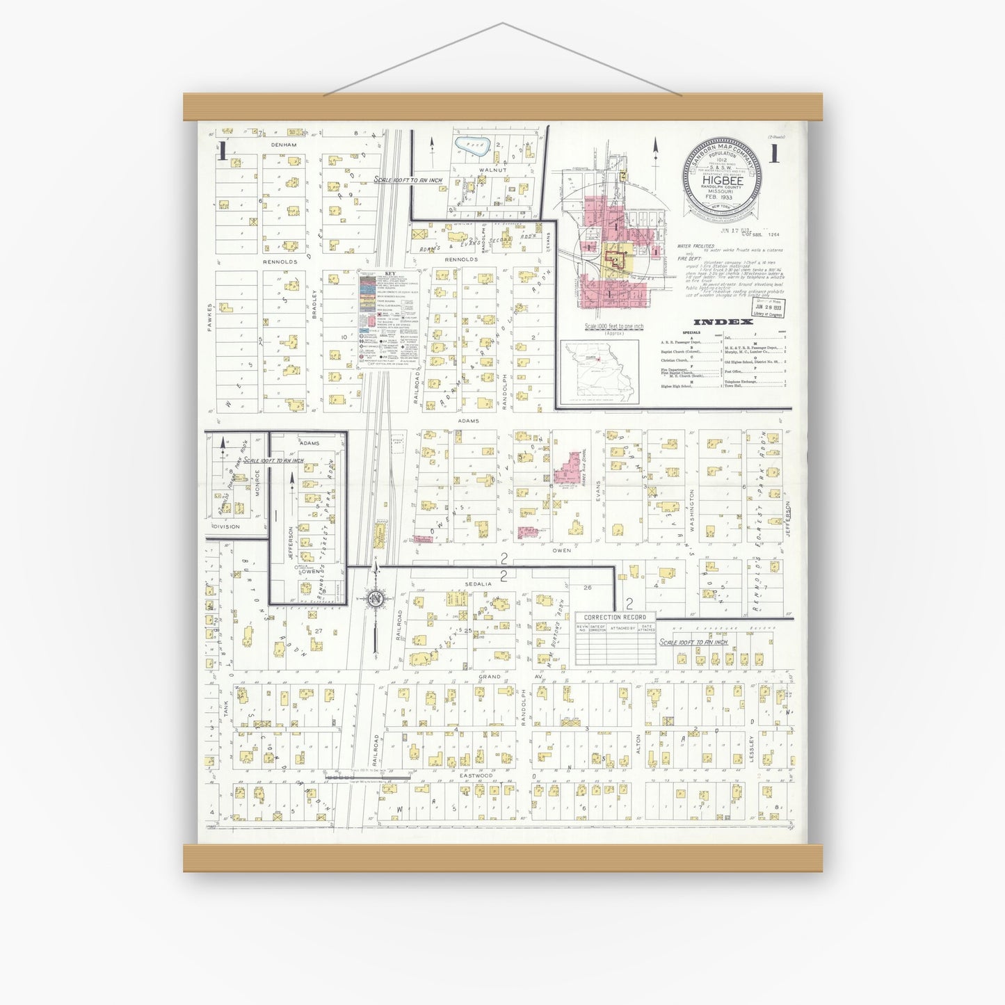 Old map wall art mockup — magnetic wood frame on white wall — Sanborn Fire Insurance Map from Higbee, Randolph County, Missouri (1933) - Complete Map Set