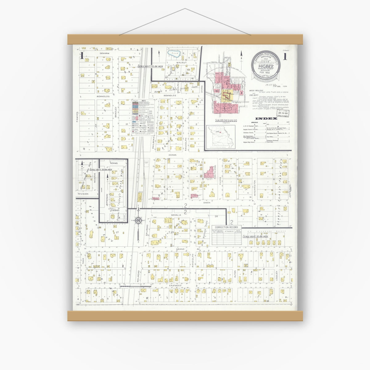 Old map wall art mockup — magnetic wood frame on white wall — Sanborn Fire Insurance Map from Higbee, Randolph County, Missouri (1933) - Complete Map Set