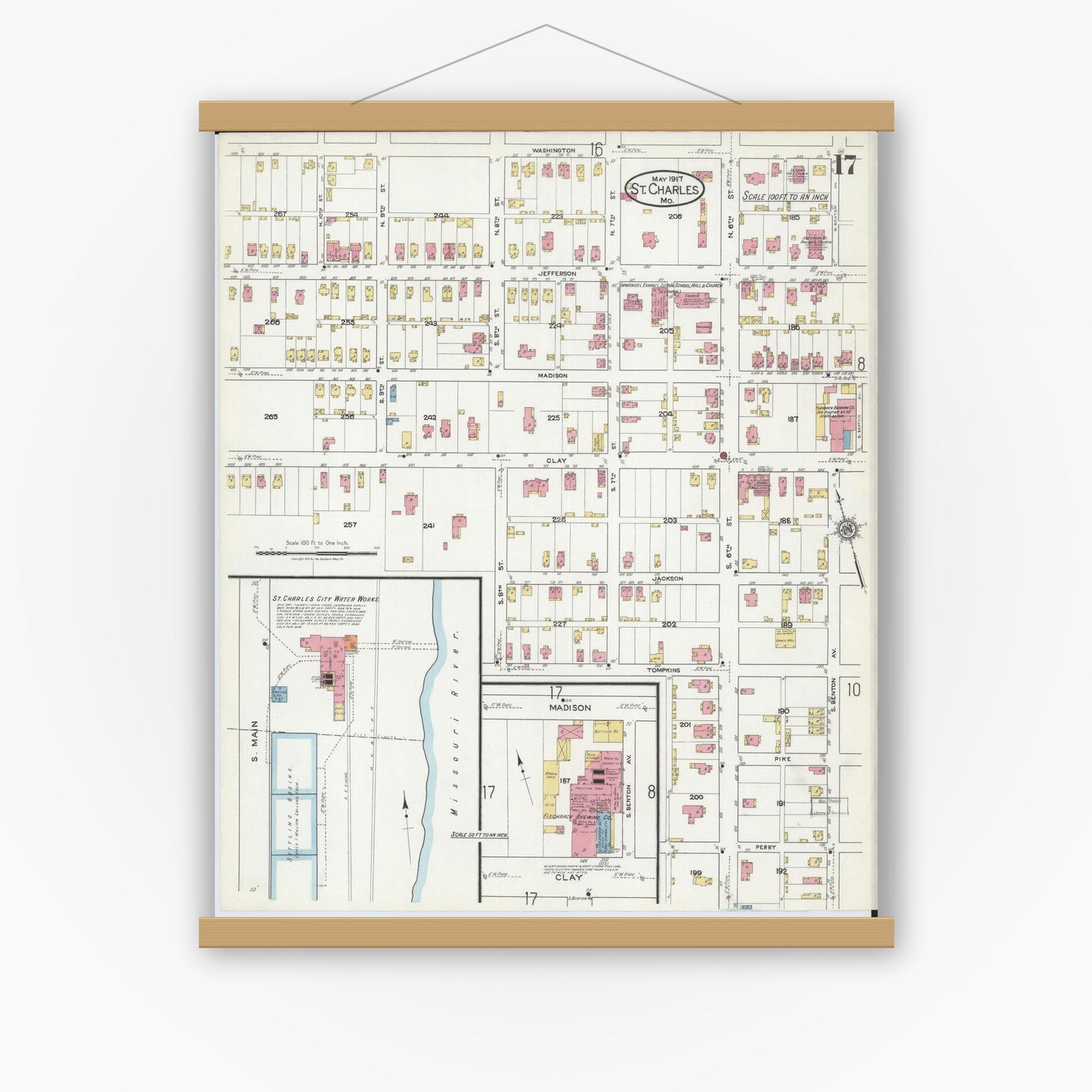 Old map wall art mockup — magnetic wood frame on white wall — Sanborn Fire Insurance Map from Saint Charles, Saint Charles County, Missouri (1917), Sheet #0017