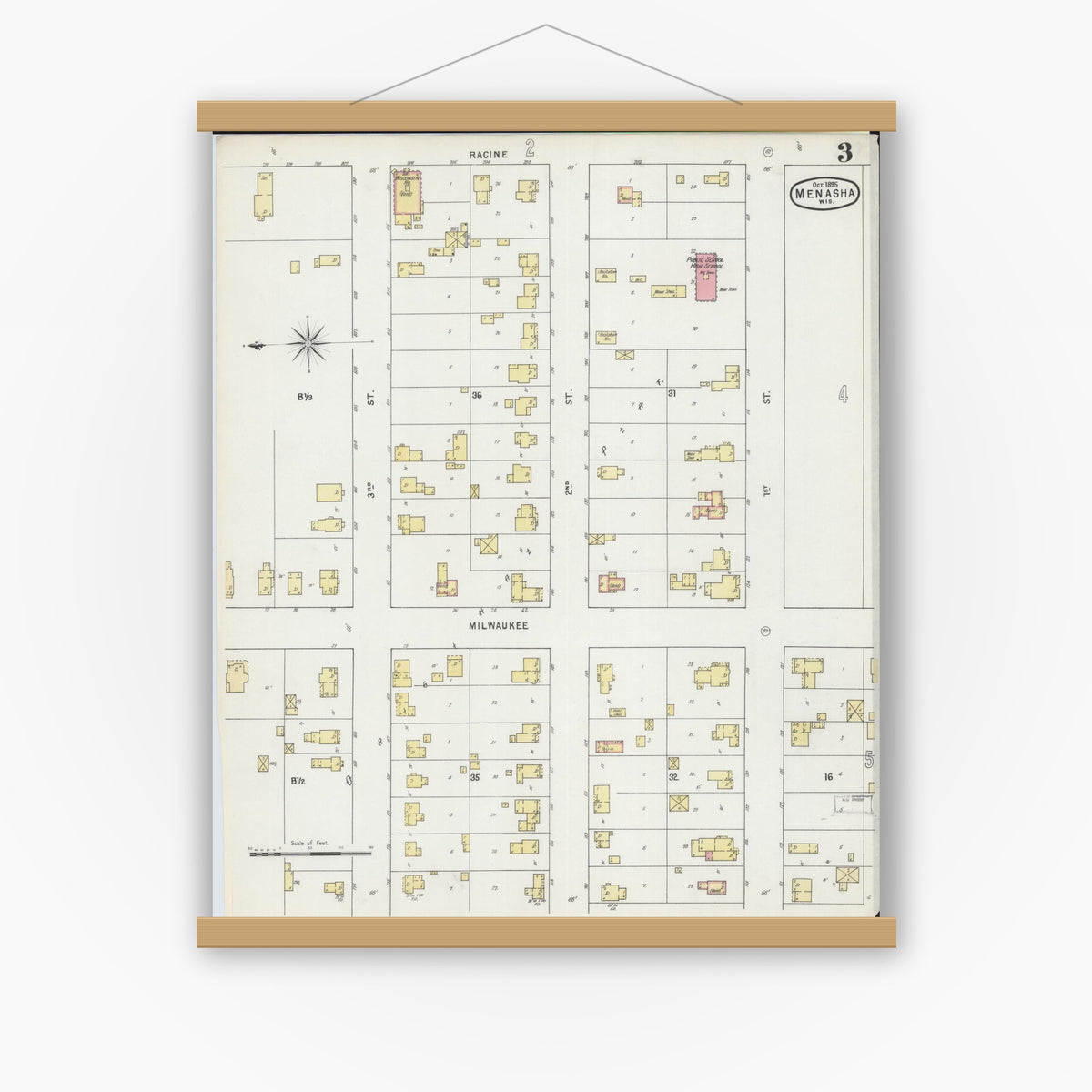 Old map wall art mockup — magnetic wood frame on white wall — Sanborn Fire Insurance Map from Menasha, Winnebago County, Wisconsin (1895), Sheet #0003