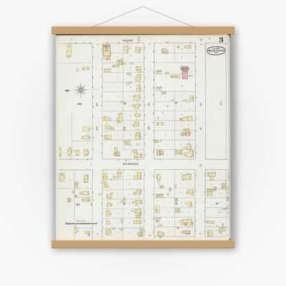 Old map wall art mockup — magnetic wood frame on white wall — Sanborn Fire Insurance Map from Menasha, Winnebago County, Wisconsin (1895), Sheet #0003